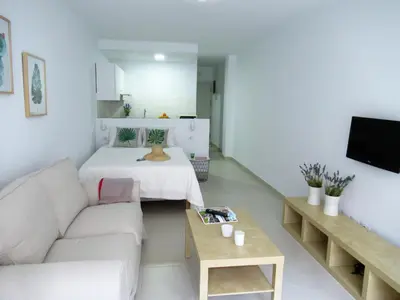 Una televisión o centro de entretenimiento en Vivelorural Apartamento Canteras vista mar lateral