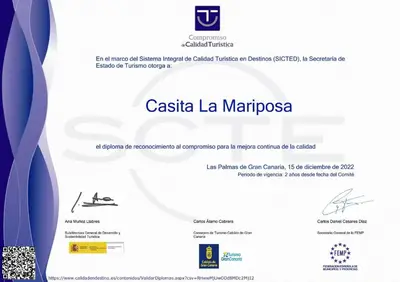 Certificado, premio, señal o documento que está expuesto en Apartamento Gran Canaria La Mariposa
